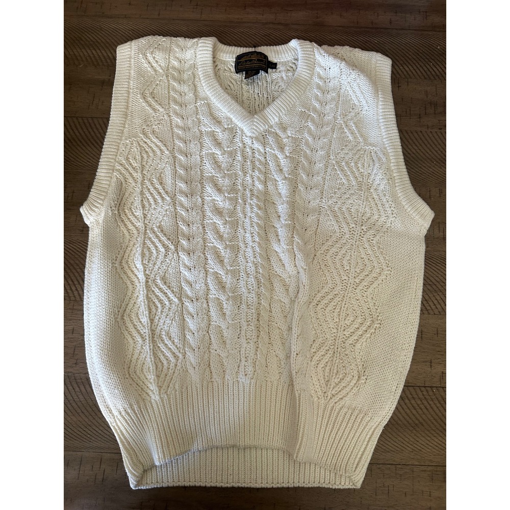 Vintage Eddie Bauer Men's Large Cable Knit V-Neck Sweater Cream Off-White